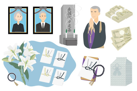 It is a set illustration related to funerals such as graves, ghosts, and incense.のイラスト素材