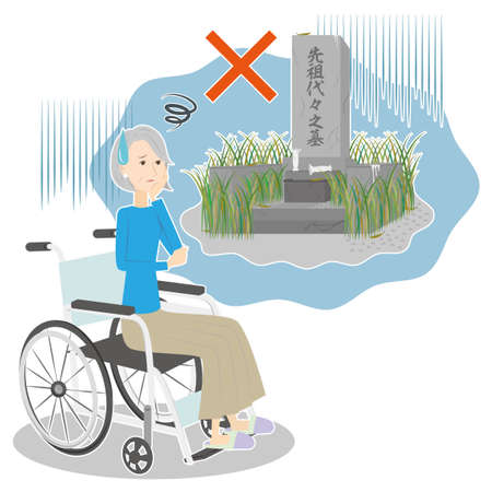 This is an illustration of a senior woman in a wheelchair who is having trouble visiting a grave while in the hospital.のイラスト素材