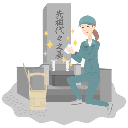 It is an illustration of a woman who cleans a grave.のイラスト素材