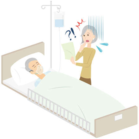 It is an illustration of a senior woman whose husband is hospitalized and is surprised at the high bill.のイラスト素材