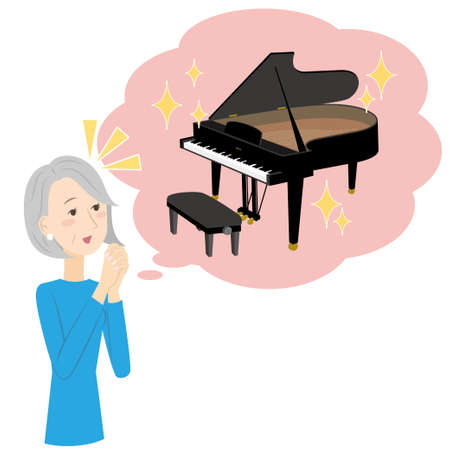 It is an illustration of a senior woman who has a longing for the piano.のイラスト素材