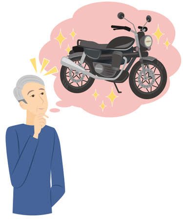 It is an illustration of a senior man who has a longing for a motorcycle.のイラスト素材