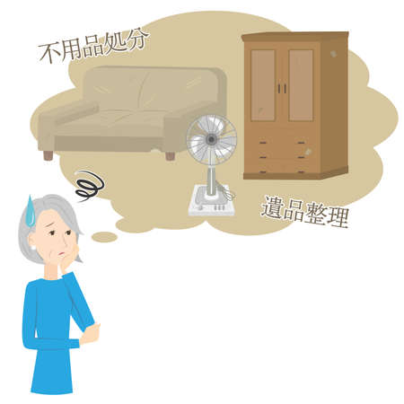 It is an illustration of a senior woman who has trouble organizing relics such as furniture and home appliances.のイラスト素材