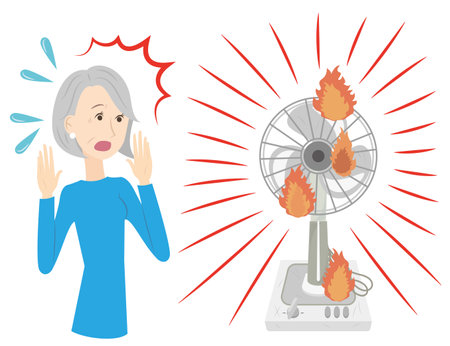 It is an illustration of an old electric fan that ignited and a surprised senior woman.のイラスト素材