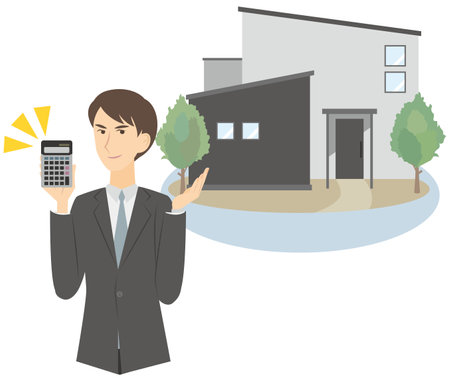 It is an illustration of a businessman standing in front of a house and presenting the purchase price with a calculator.のイラスト素材