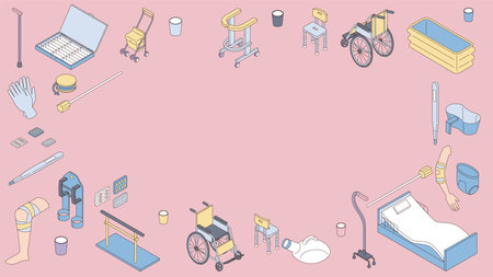 A set of isometric illustrations of goods used for seniors and long-term care.のイラスト素材