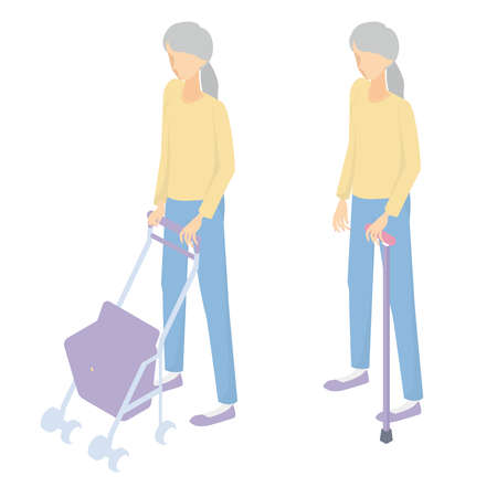 It is an isometric illustration of a senior woman walking with a silver car or a cane.のイラスト素材