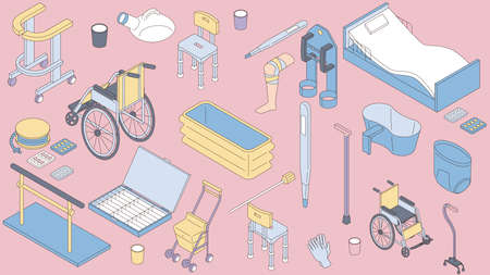 A set of isometric illustrations of goods used for seniors and long-term care.のイラスト素材