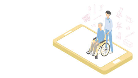 A set of isometric illustrations of goods used for seniors and long-term care.のイラスト素材
