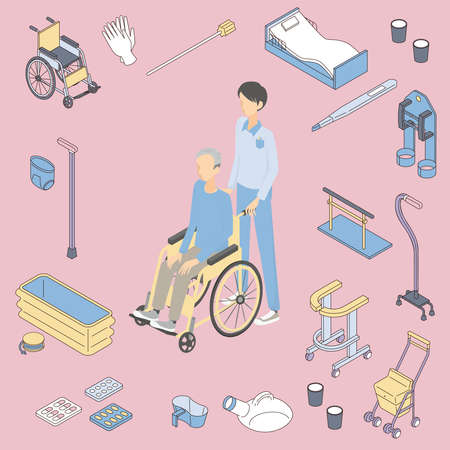 It is an isometric illustration of a senior man in a wheelchair, a man who cares for him, and care goods.のイラスト素材