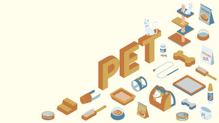 It is an isometric illustration of goods related to dogs and cats such as crates and discipline goods.のイラスト素材