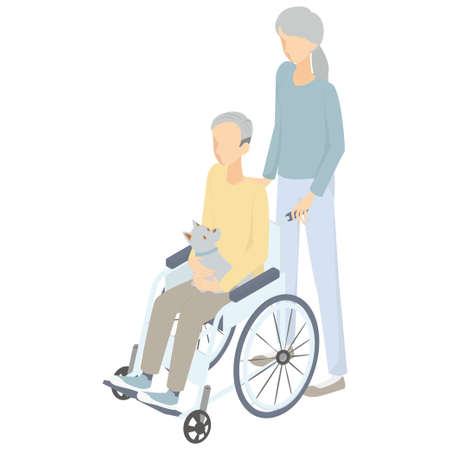 It is an isometric illustration of a senior woman pushing a wheelchair, a senior man riding a wheelchair, and a pet dog.のイラスト素材
