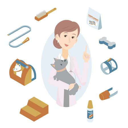 Illustration of a female veterinarian and goods giving advice on how to keep a dog.のイラスト素材