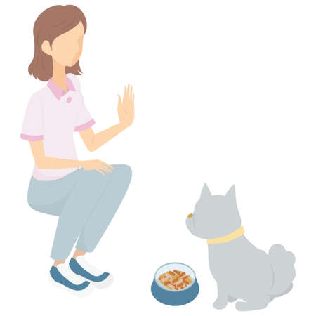 It is an illustration of a woman training a dog to discipline.のイラスト素材