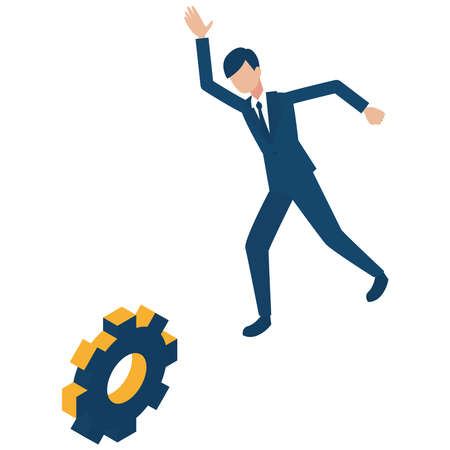 It is an isometric illustration of a businessman who rolls a gear.のイラスト素材