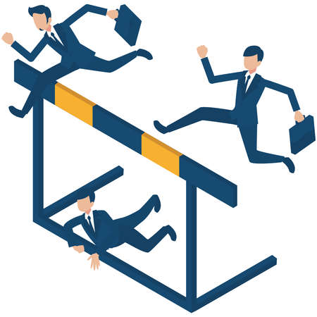 It is an isometric illustration of businessmen who challenge difficulties and hurdles and jump over them.のイラスト素材