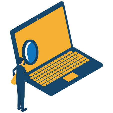 It is an isometric illustration of a businessman who searches in detail on a personal computer.のイラスト素材