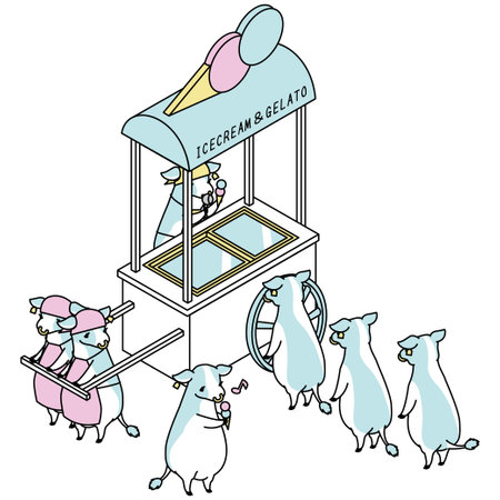 It is an isometric illustration of cows lined up in a line with an ice cream shop.のイラスト素材