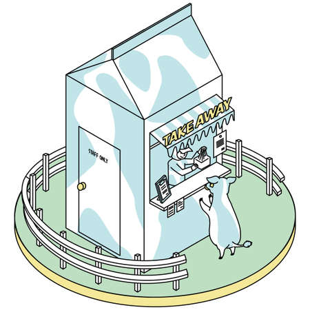 It is an isometric illustration of a cow taking out food.のイラスト素材