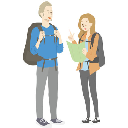 Check the directions on the map This is an illustration of a male and female foreign backpacker traveling in Japan.のイラスト素材