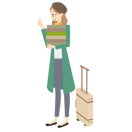 It is an illustration of a woman who buys a lot of souvenirs at a travel destination.のイラスト素材
