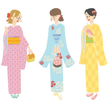 It is an illustration of a young female traveler who rents a kimono and goes sightseeing in Kyoto.のイラスト素材