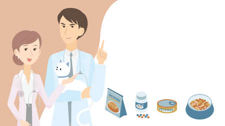 Illustrations of male and female veterinarians giving advice on cat health and diet.のイラスト素材