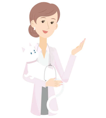 This is an illustration of a female veterinarian who gives advice on how to keep a cat and how to keep it healthy.のイラスト素材