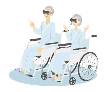 It is an illustration of a senior man and woman who sits in a wheelchair and enjoys using VR while in the hospital.のイラスト素材