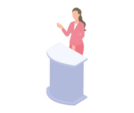 It is an isometric illustration of a female who will be on stage at a seminar.のイラスト素材