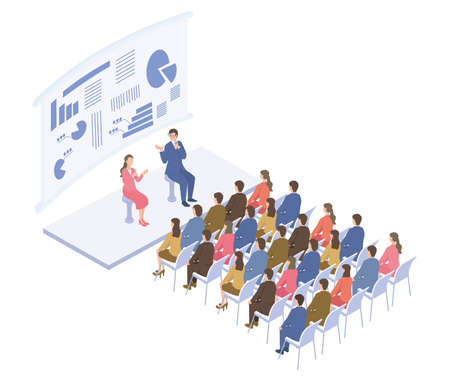 It is an isometric illustration of people who take a dialogue-style business seminar.のイラスト素材
