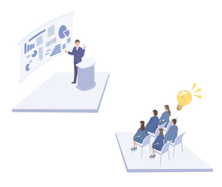 It is an isometric illustration of people who attend a business seminar of a male lecturer.のイラスト素材