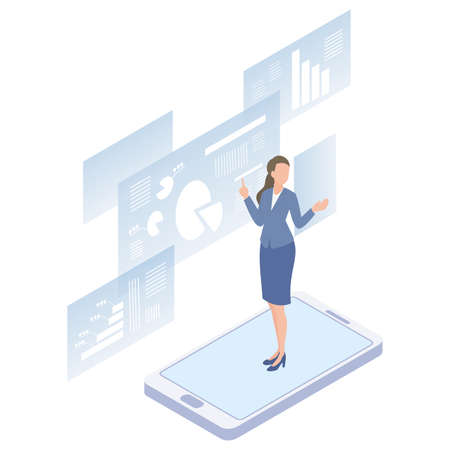 It is an isometric illustration of a female lecturer who lectures online.のイラスト素材