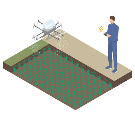 It is an isometric illustration of a male farmer who sprays pesticides on crops with a drone.のイラスト素材