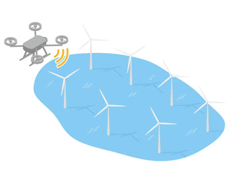 It is an isometric illustration of a drone that manages and inspects offshore wind power generation equipment.のイラスト素材
