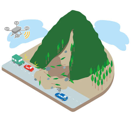 This is an isometric illustration of a drone that confirms a landslide in the mountains that is closed to traffic.のイラスト素材