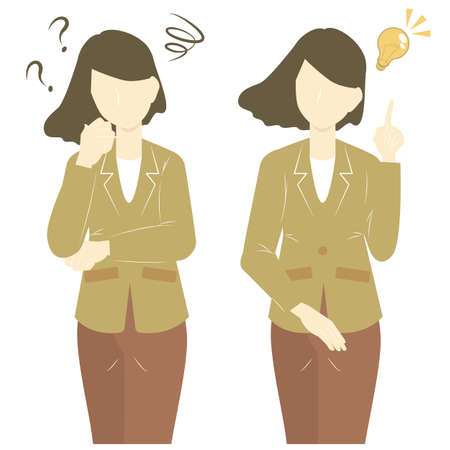 It is a set illustration of a female working person who is puzzled with the inspiration of the idea.のイラスト素材