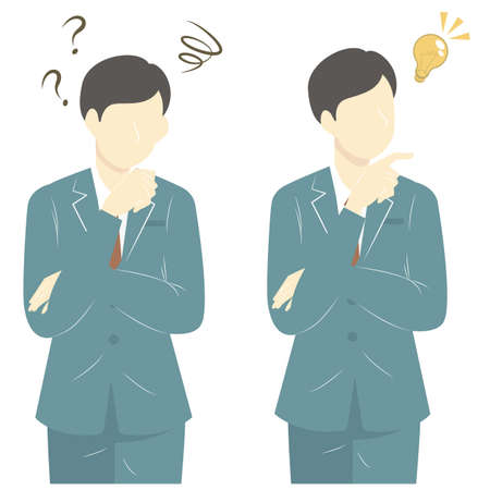 It is a set illustration of a male member of society who is puzzled with the inspiration of the idea.のイラスト素材