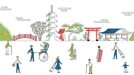 It is a casual illustration of the beautiful Kyoto cityscape full of people.のイラスト素材