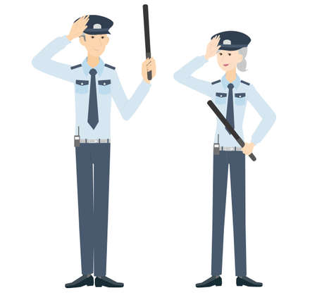 It is an illustration of a senior man and woman who works part-time as a security guard.のイラスト素材