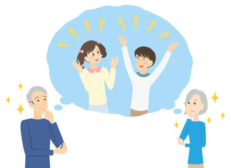 It is an illustration of a senior couple thinking about the face that the grandchild rejoices.のイラスト素材
