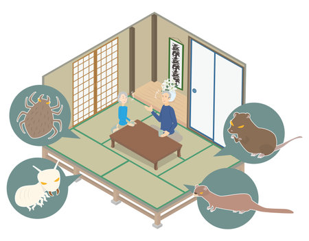 It is an illustration of a senior man and woman who is not aware of the vermin creeping up from under the floor.のイラスト素材