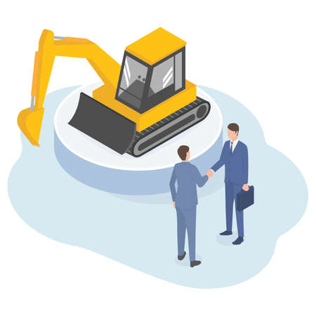 This is an isometric illustration of a businessman who concludes a business negotiation for heavy construction machinery.のイラスト素材