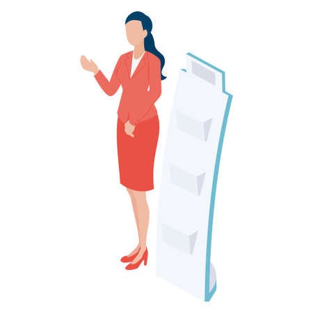 This is an isometric illustration of a woman guiding at an exhibition booth.のイラスト素材