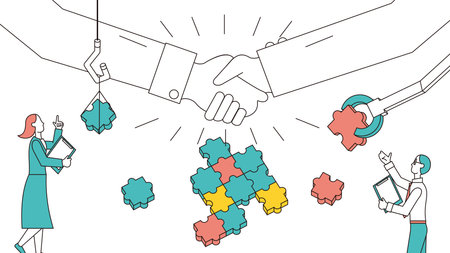 It is an illustration of a male and female businessperson shaking hands after a successful plan or schedule.のイラスト素材