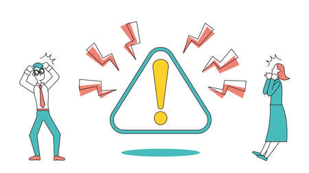 It is an illustration of a male and female office worker who is surprised by the alert icon.のイラスト素材