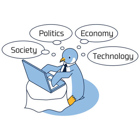 It is an illustration of a penguin doing PEST (political, economic, socio-cultural, technical) analysis.のイラスト素材