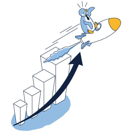 It is an isometric illustration of a penguin riding a rocket and rising.のイラスト素材