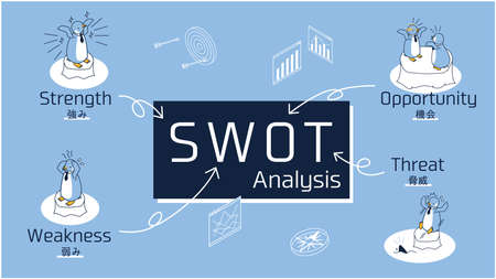 This is an isometric illustration of a business penguin inspired by SWOT analysis.のイラスト素材
