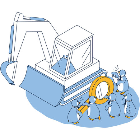 It is an isometric illustration of a penguin assessing the value of a car (heavy equipment).のイラスト素材